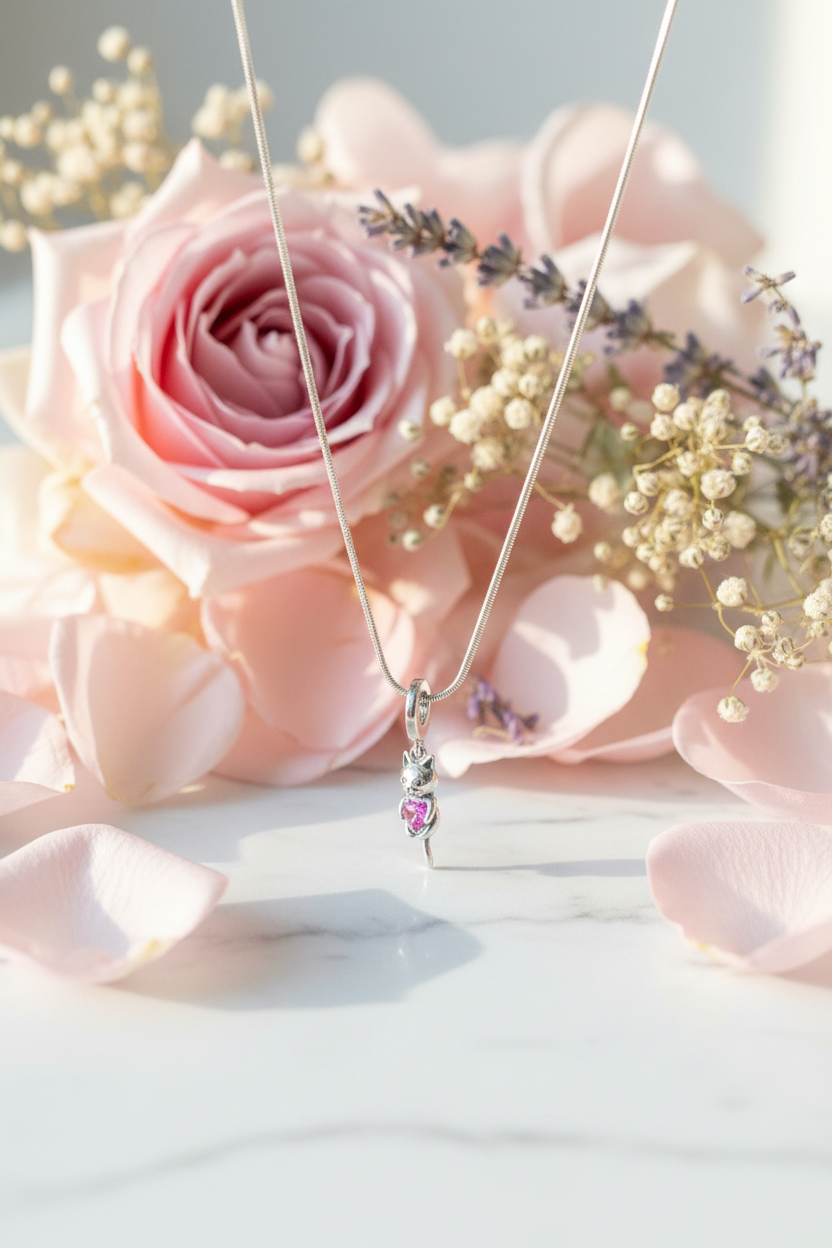 Collier Pendentif Chat – Charm acier inoxydable & Pierre Rose