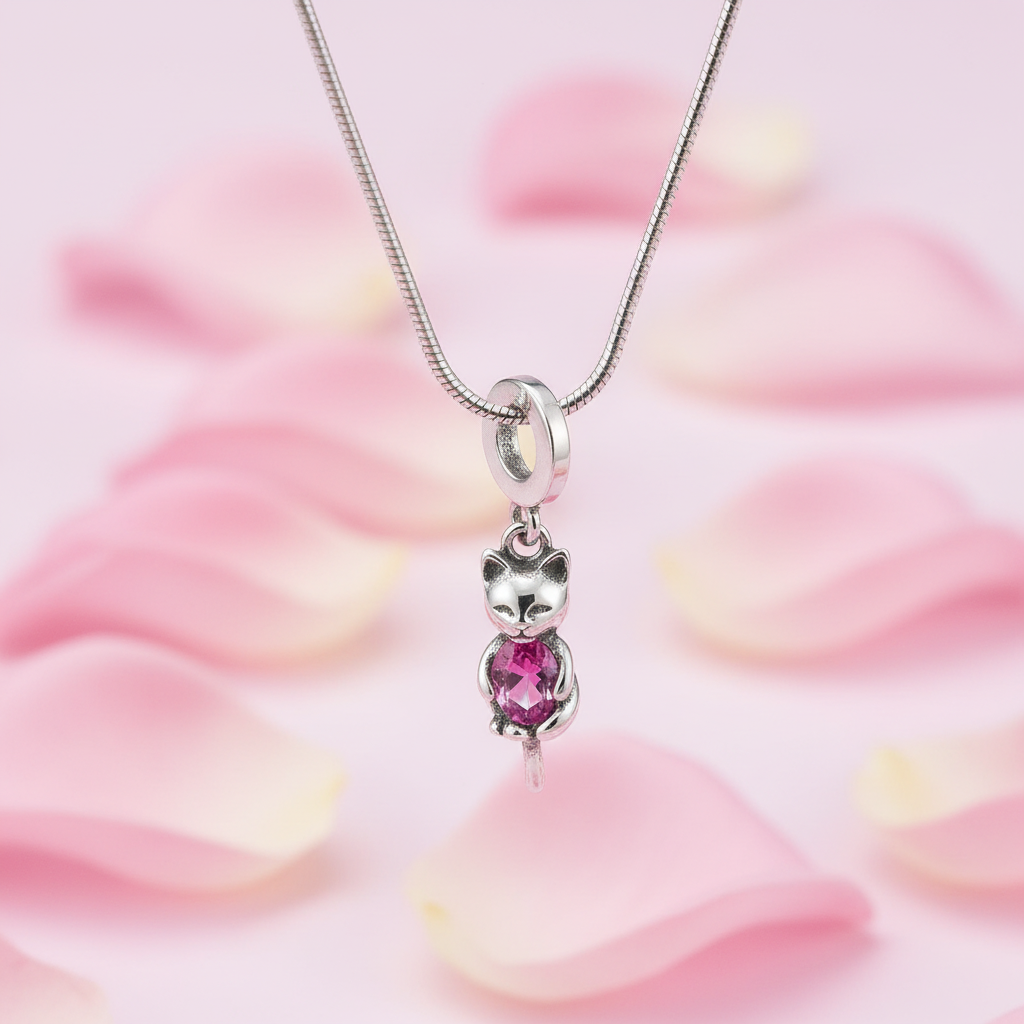 Collier Pendentif Chat – Charm acier inoxydable & Pierre Rose